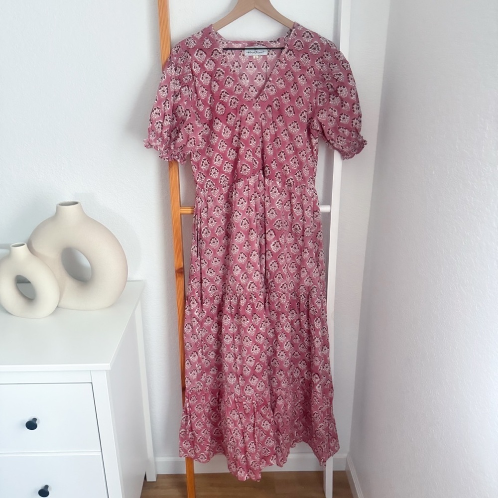 The Fox and the Mermaid Pink Boho Floral Puff Sleeve Midi Dress Size S